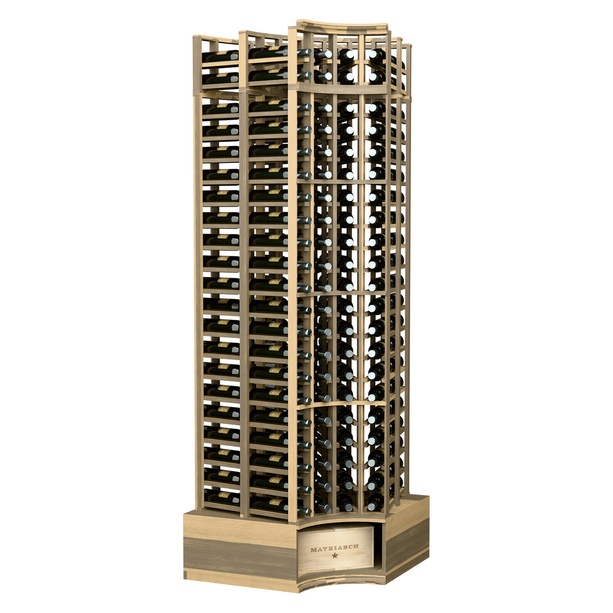 Curved-corner double-deep wine rack, light wood frame with bottle slots and curved base