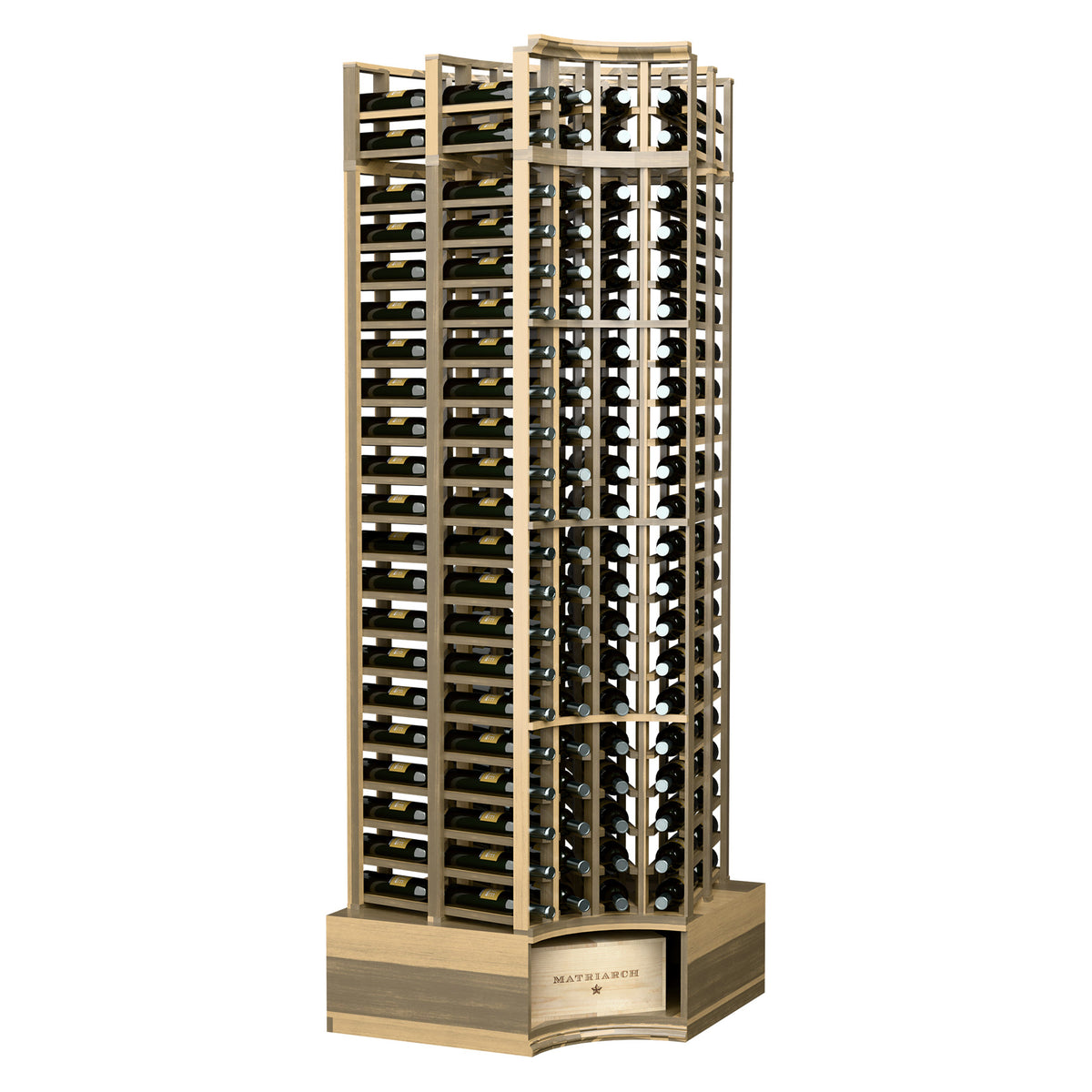 Curved-corner double-deep wine rack, light wood frame with bottle slots and curved base