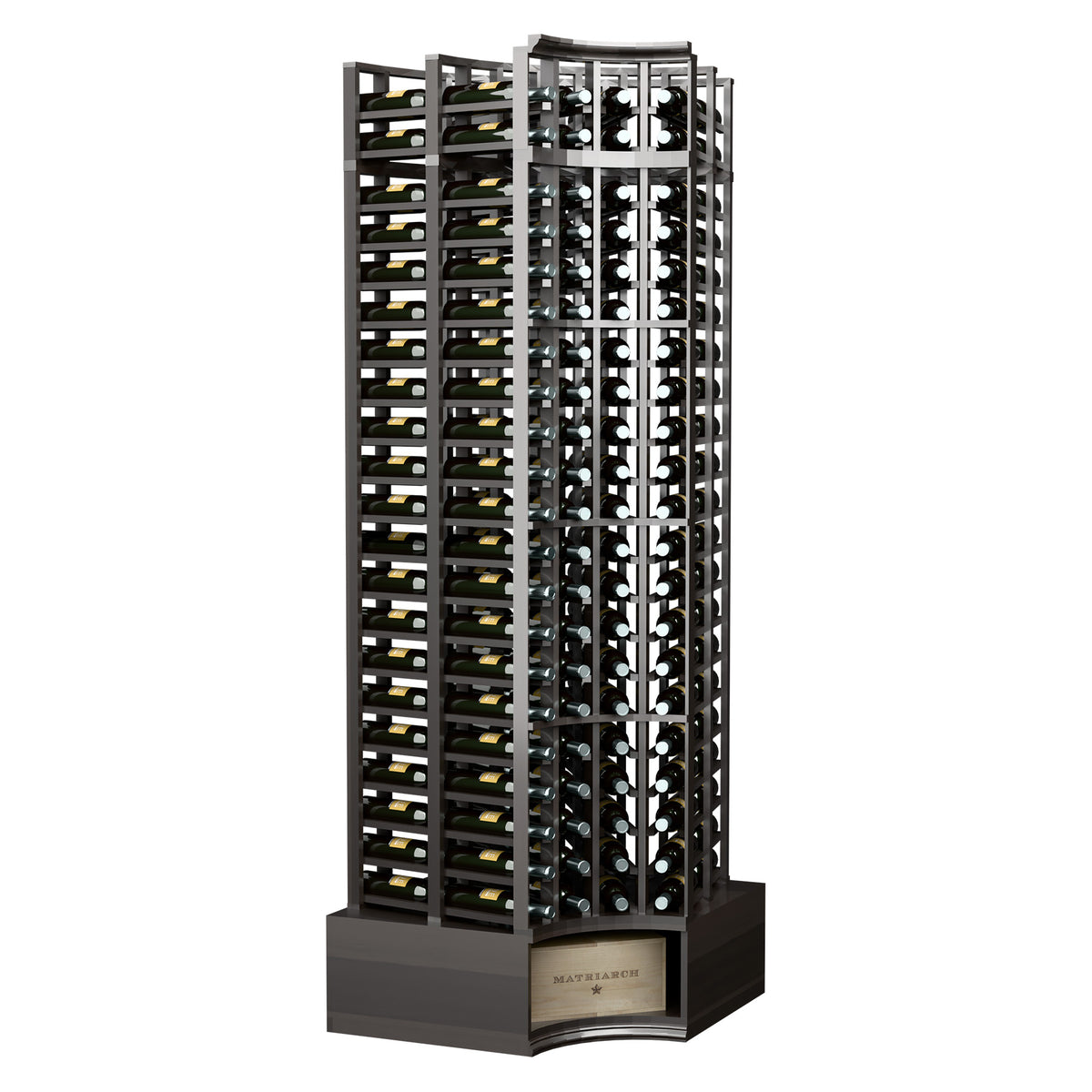 Curved-corner double-deep wine rack, dark wood frame with bottle slots and curved base