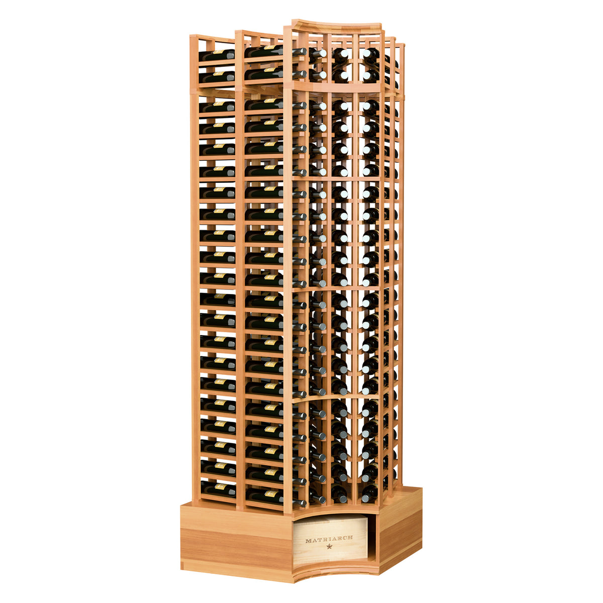 Double-deep curved corner wine rack, 4-column, 8 ft, warm wood stain, front view.