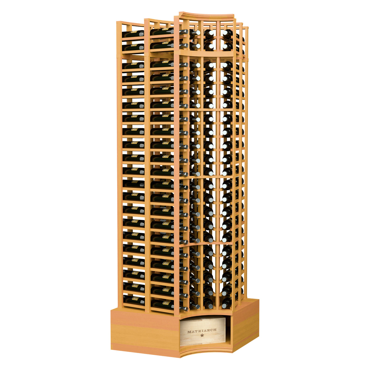 Double-deep curved corner wine rack, 4-column, 8 ft, golden light wood stain.