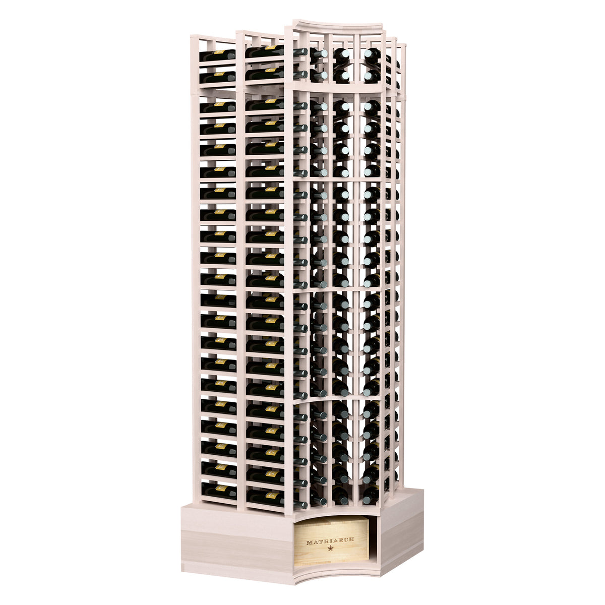 Double-deep curved corner wine rack, 4-column, 8 ft, light gray stained wood.