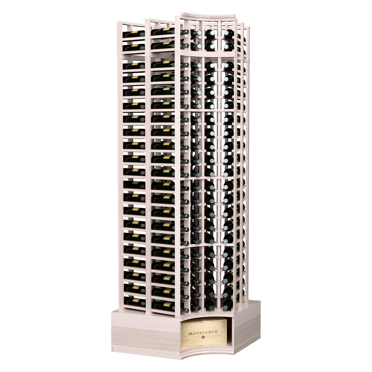 Double-deep curved corner wine rack, 4-column, 8 ft, light gray stained wood.