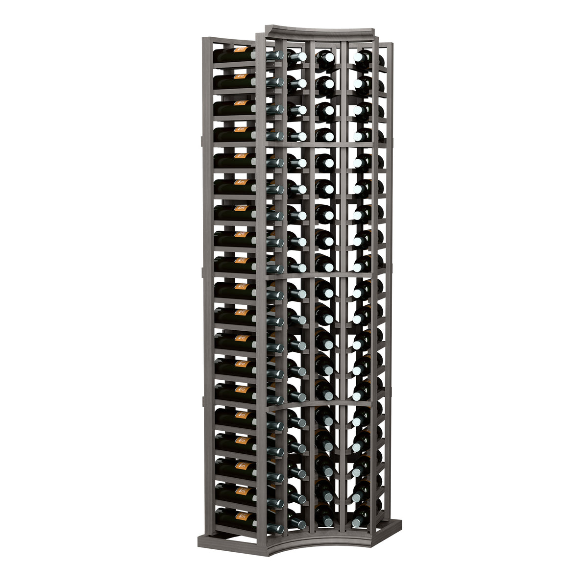 Dark gray wine bottle rack with curved corner and 4-column bottle holders