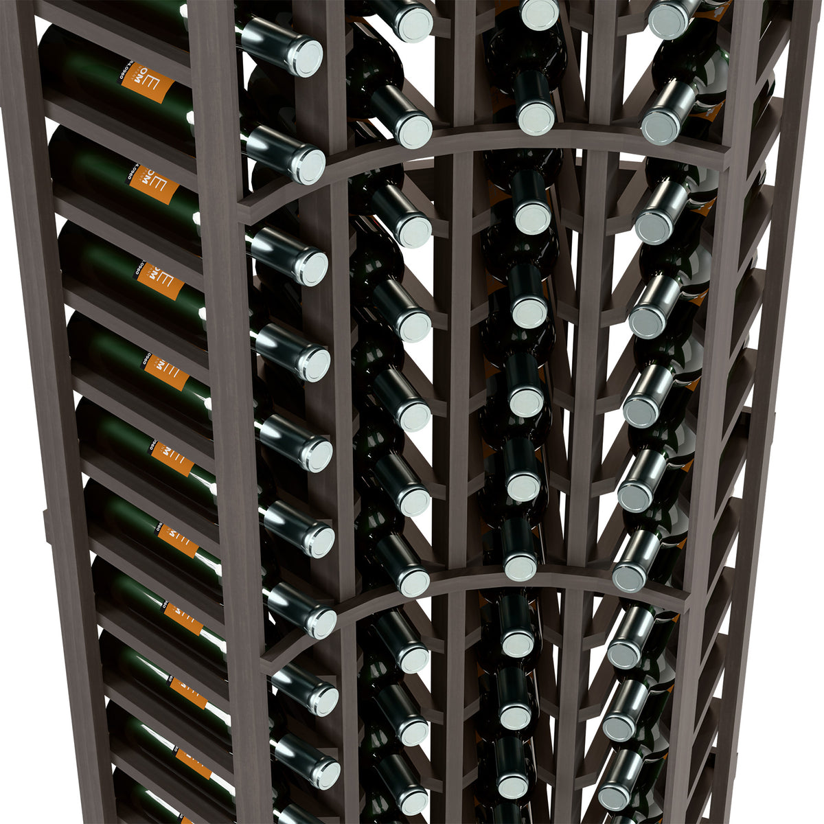Dark gray wine bottle rack interior with rows of bottles in round holders