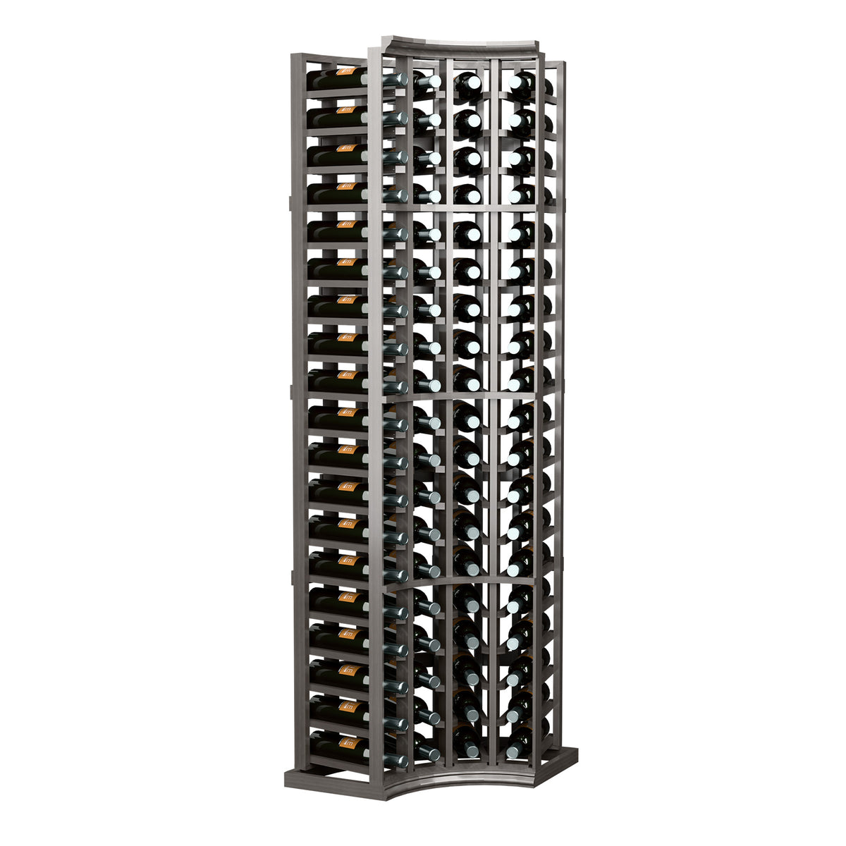 Brown wood wine bottle rack with curved corner and 4-column bottle storage