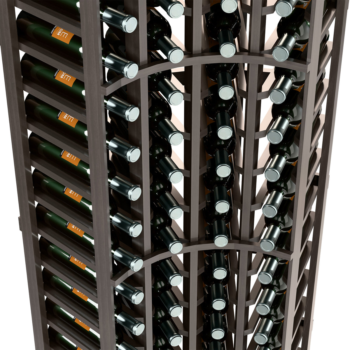 Brown wood wine bottle rack interior with bottles in circular holders