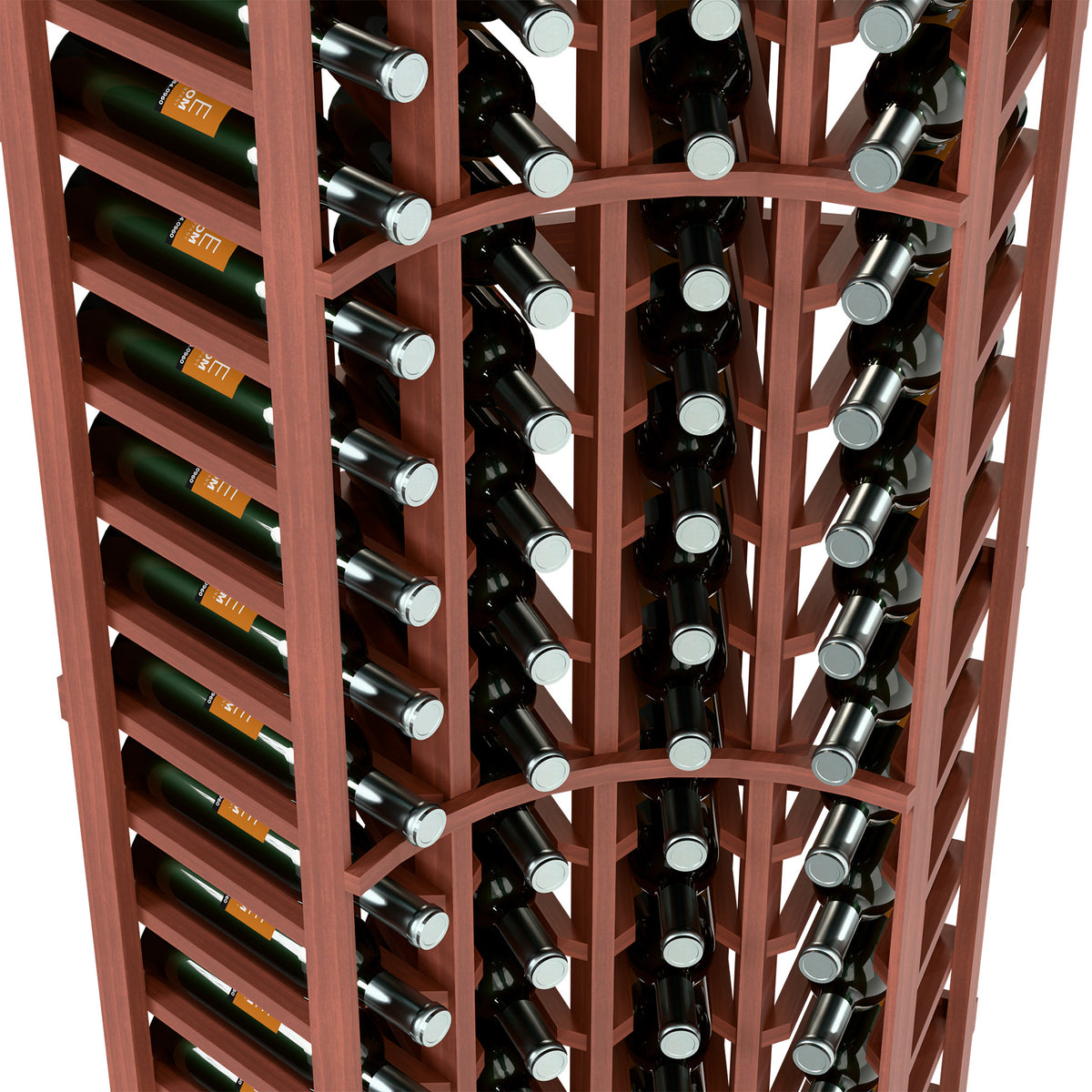 Red-brown wood wine bottle rack interior with bottles in circular slots