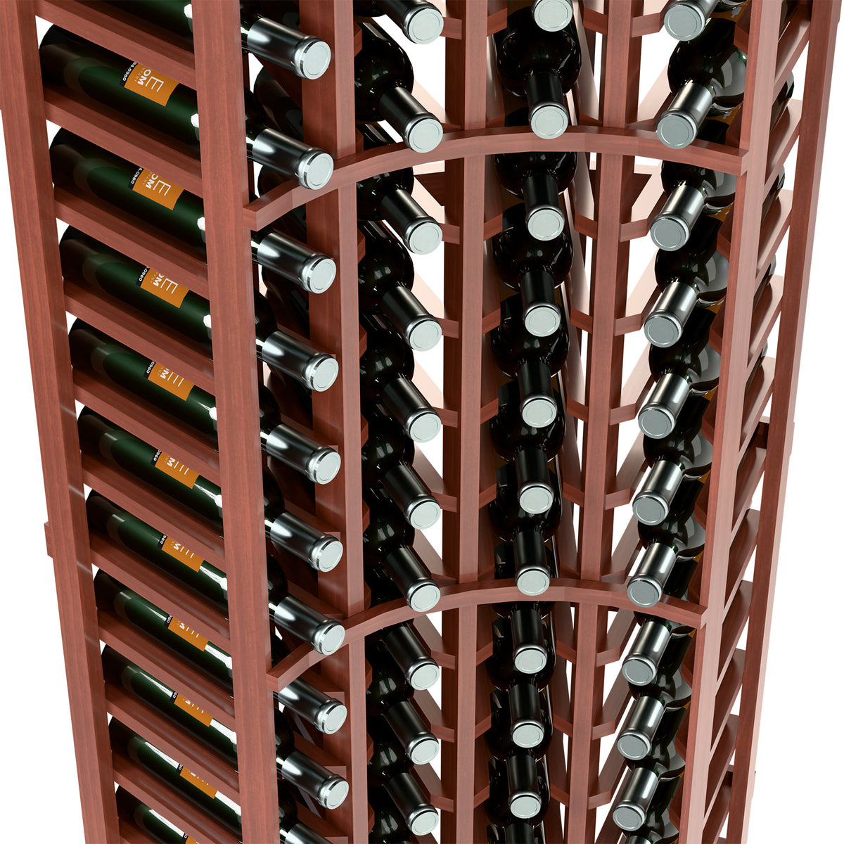 Red-brown wine bottle rack interior showing rows of bottles in round slots