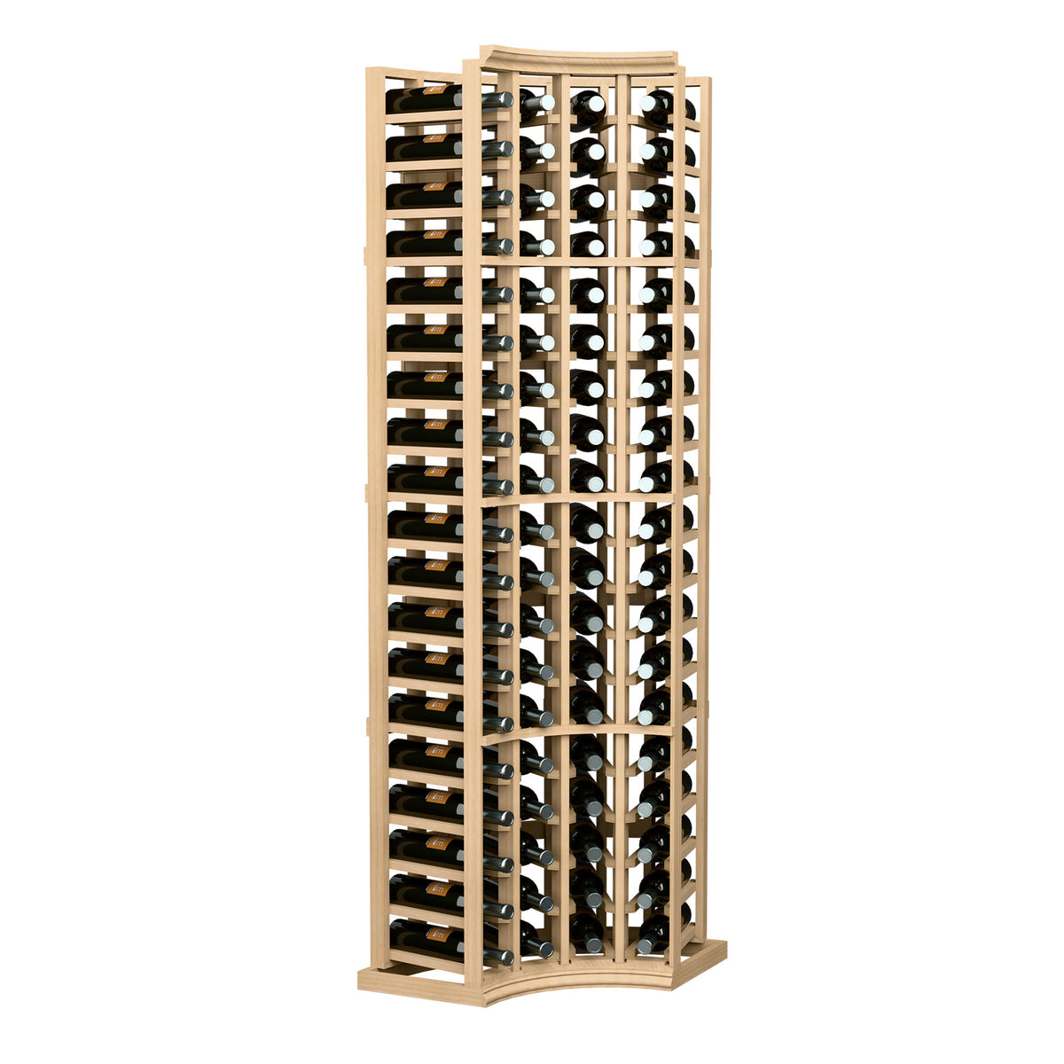 Light wood wine bottle rack with curved corner and 4-column bottle holders
