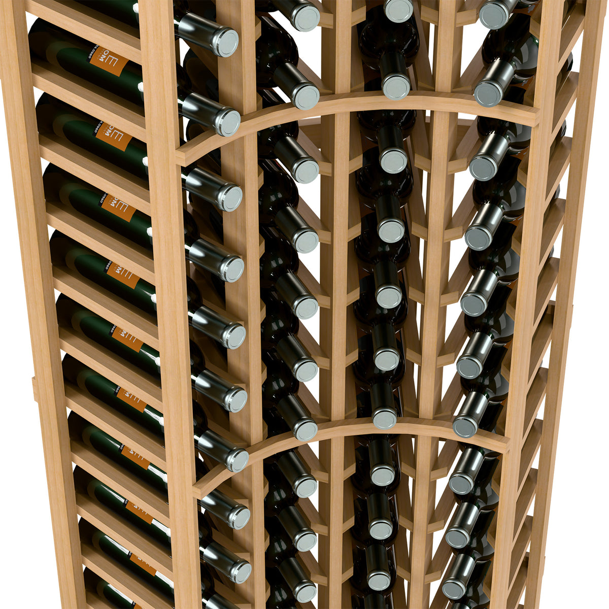 Light wood wine bottle rack interior with rows of bottles in circular holders