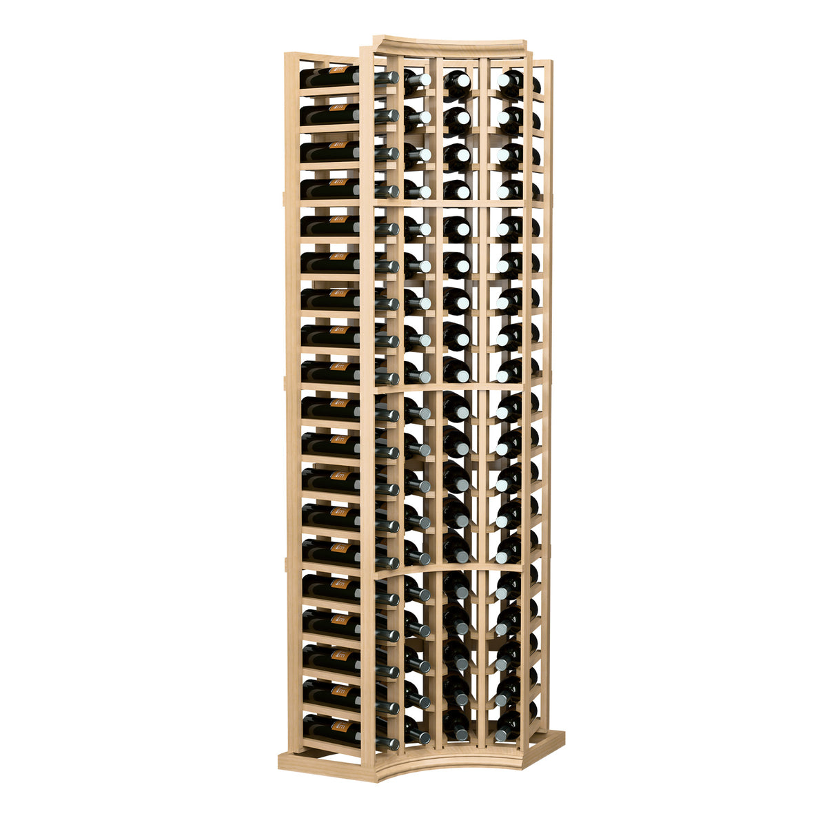 4 column curved corner wine rack, natural wood frame with bottle slots