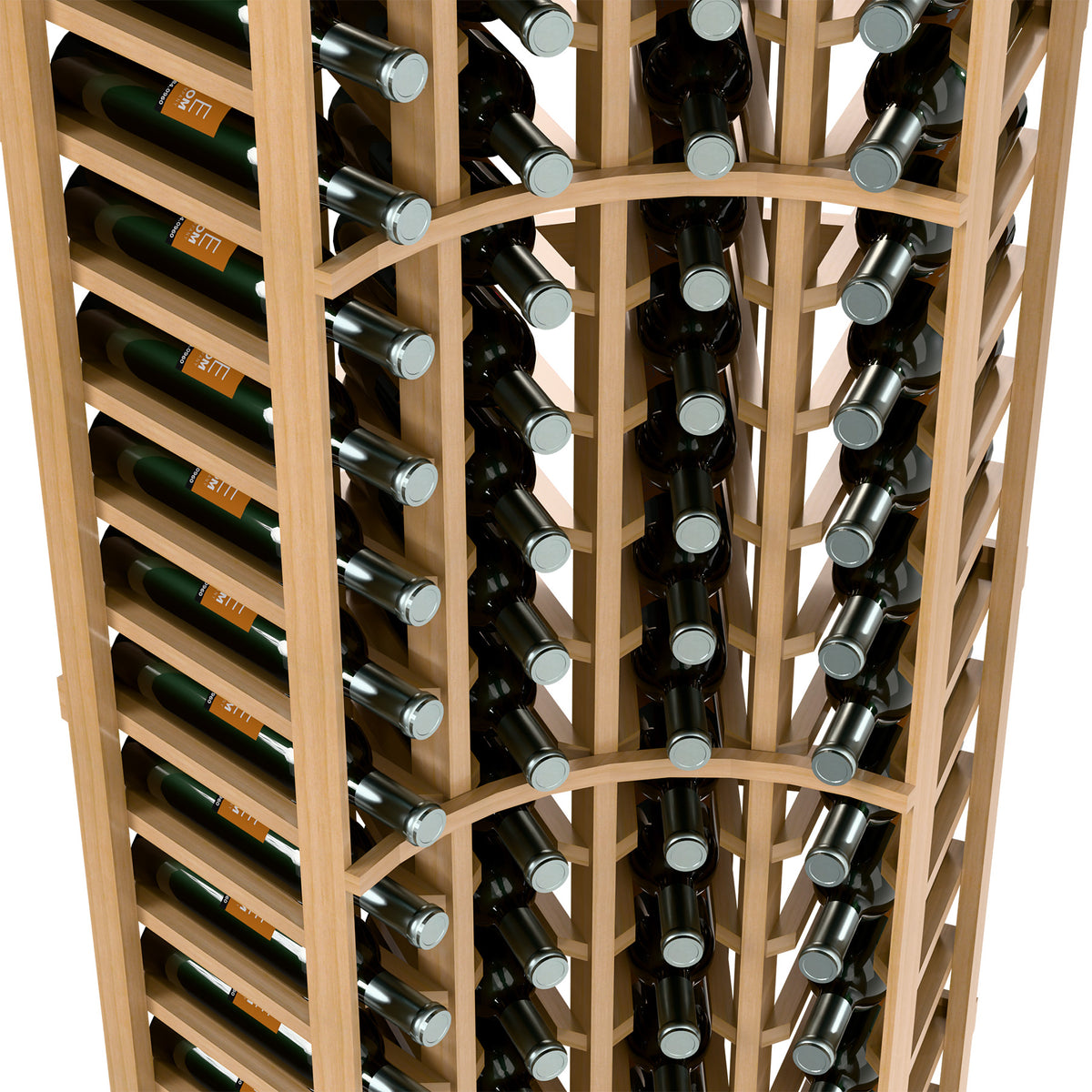 Natural wood 4 column curved corner wine rack, close-up of bottle storage