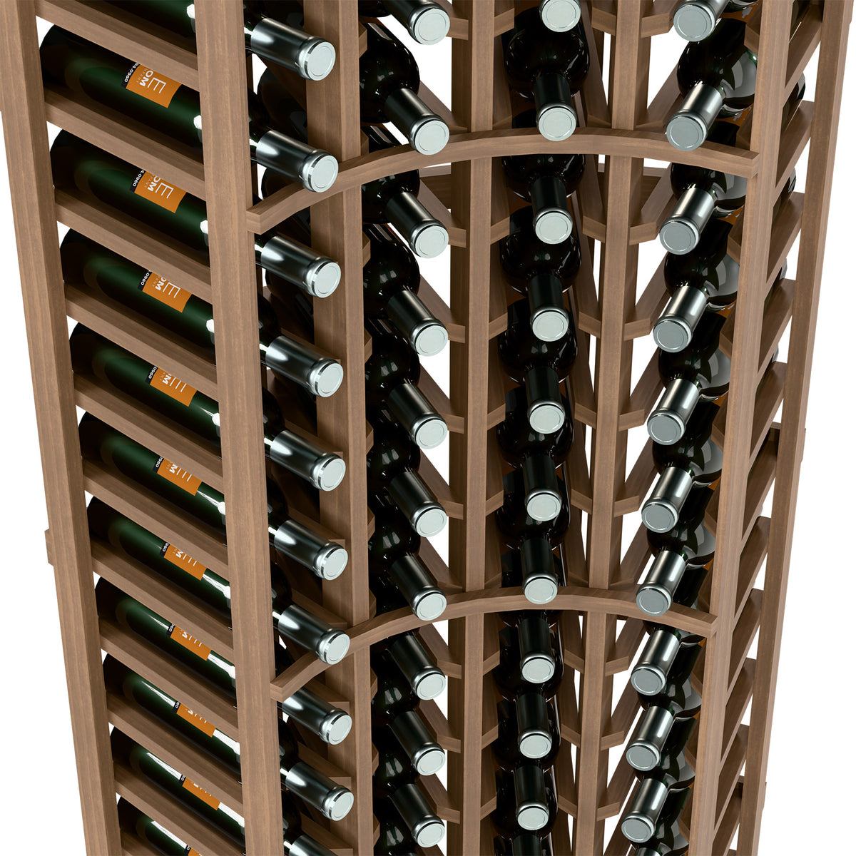 Natural wood wine rack close-up, 4 columns with circular bottle holders