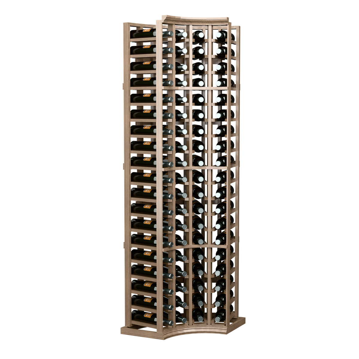 4 column curved corner wine rack, natural wood frame and bottle display slots