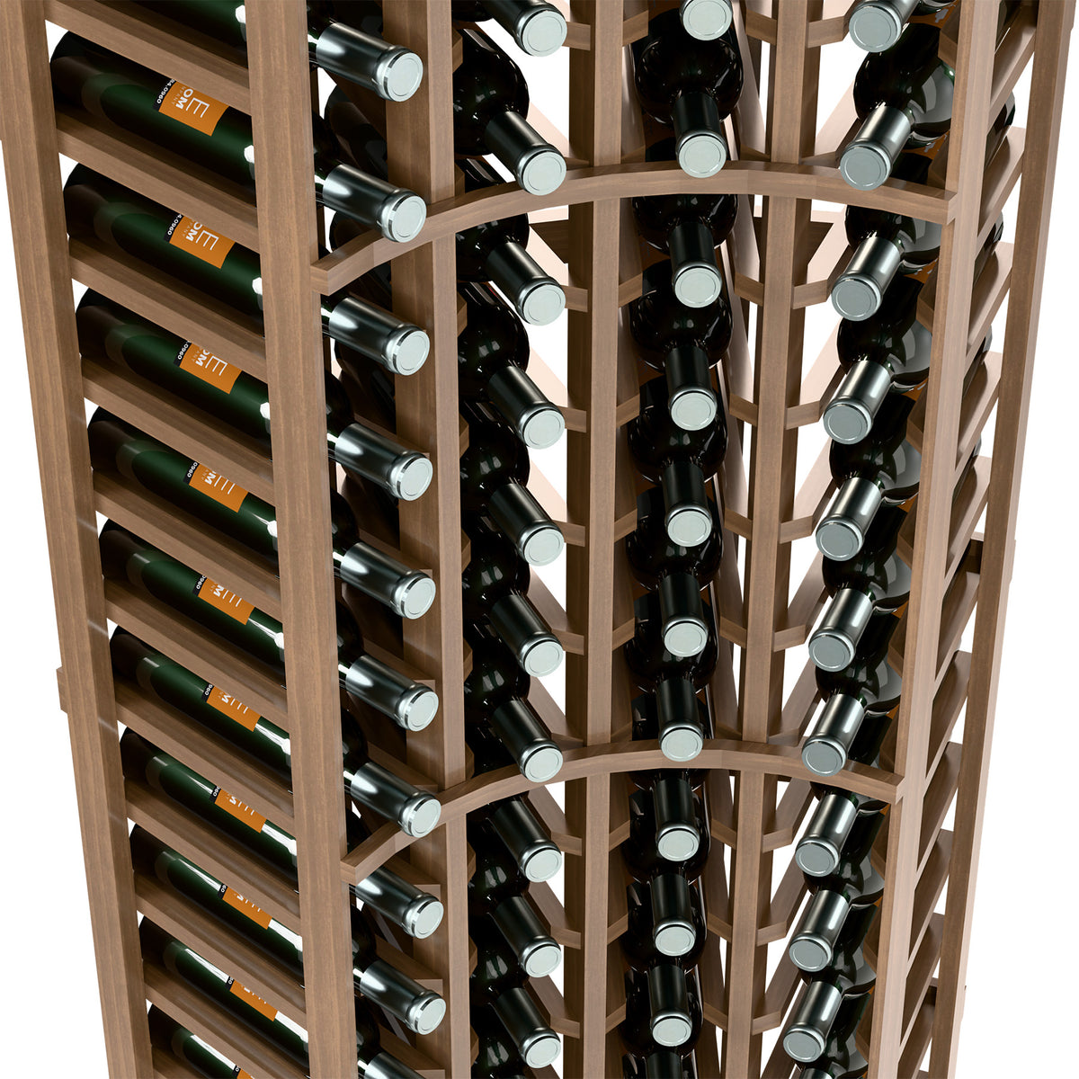 Natural wood 4 column curved corner wine rack, detailed view of bottle neck supports
