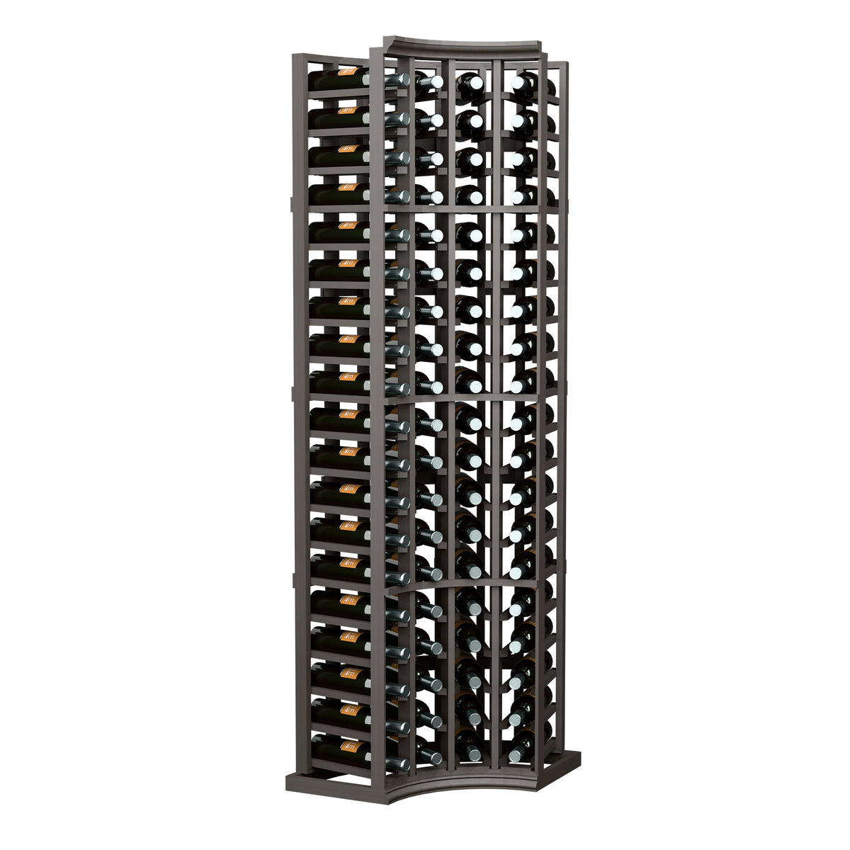 4 column curved corner wine rack, dark gray frame with bottle slots