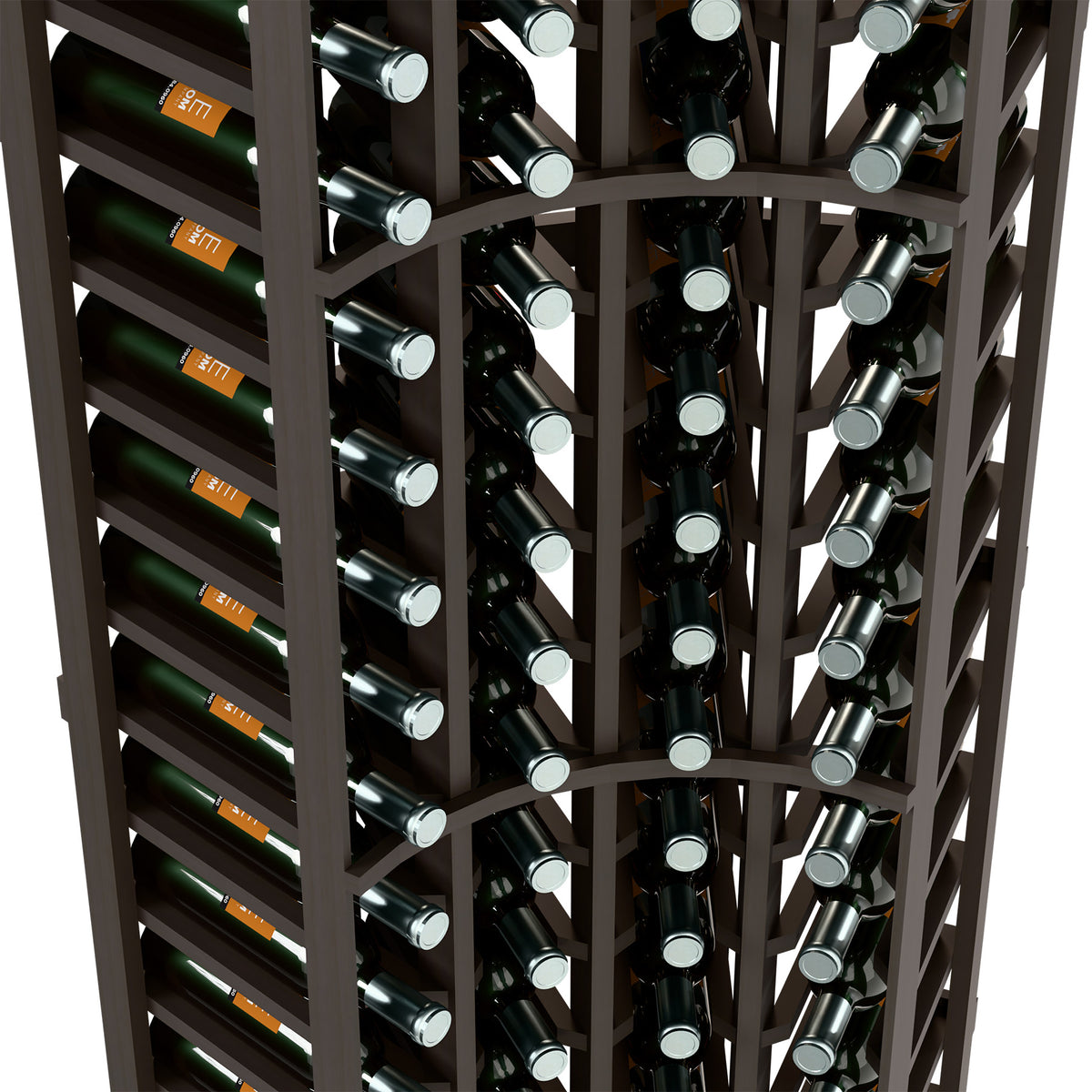 Dark gray 4 column curved corner wine rack close-up with bottle storage rows
