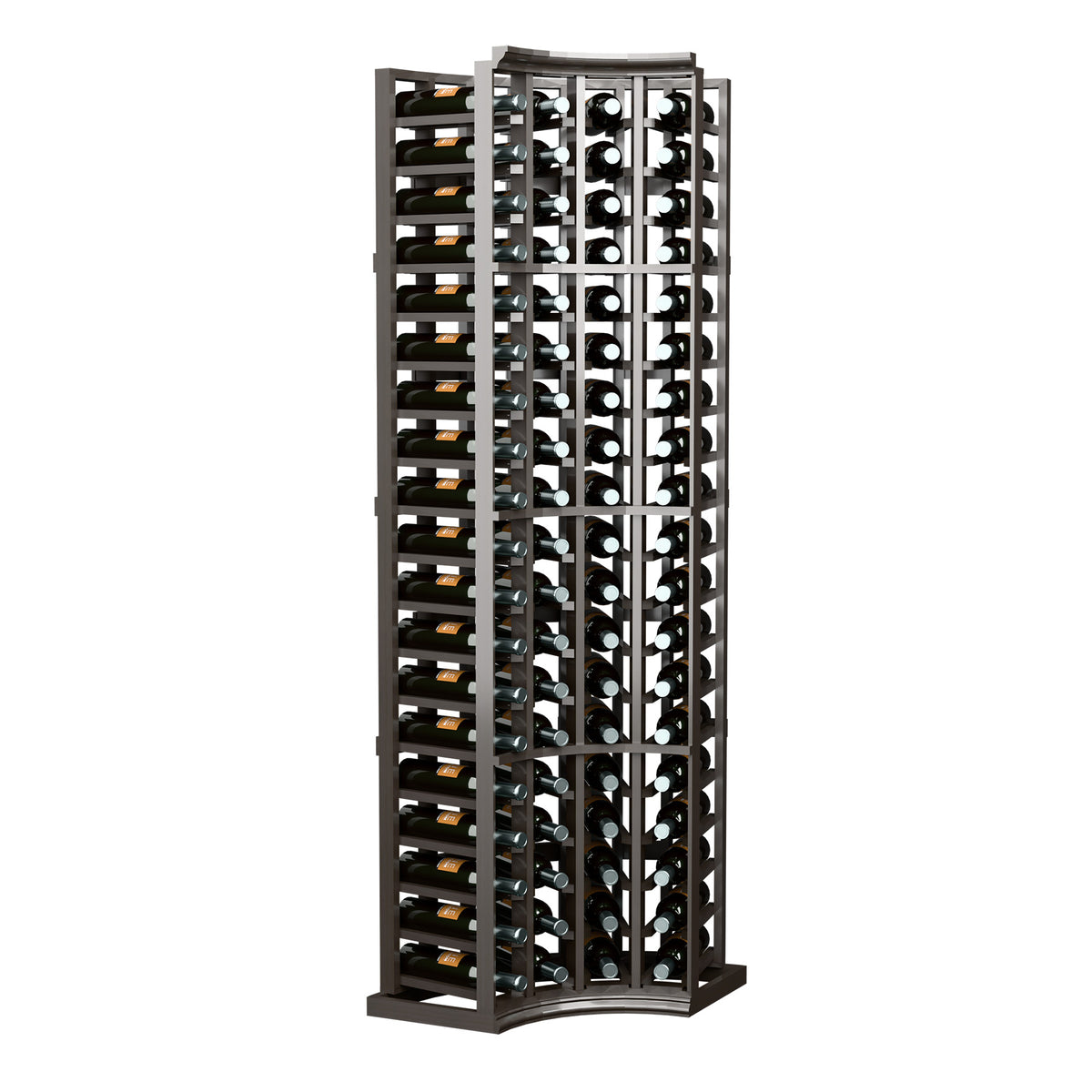 4 column curved corner wine rack in dark gray wood, front view with bottle slots