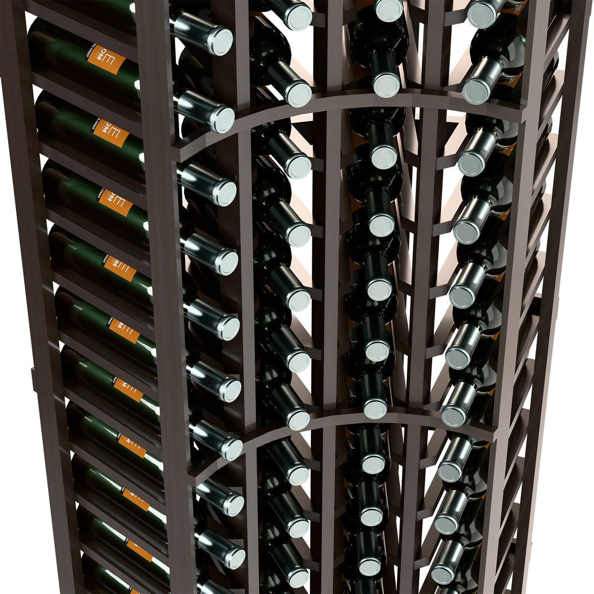 Dark gray wine rack close-up, 4 columns with circular bottle holders