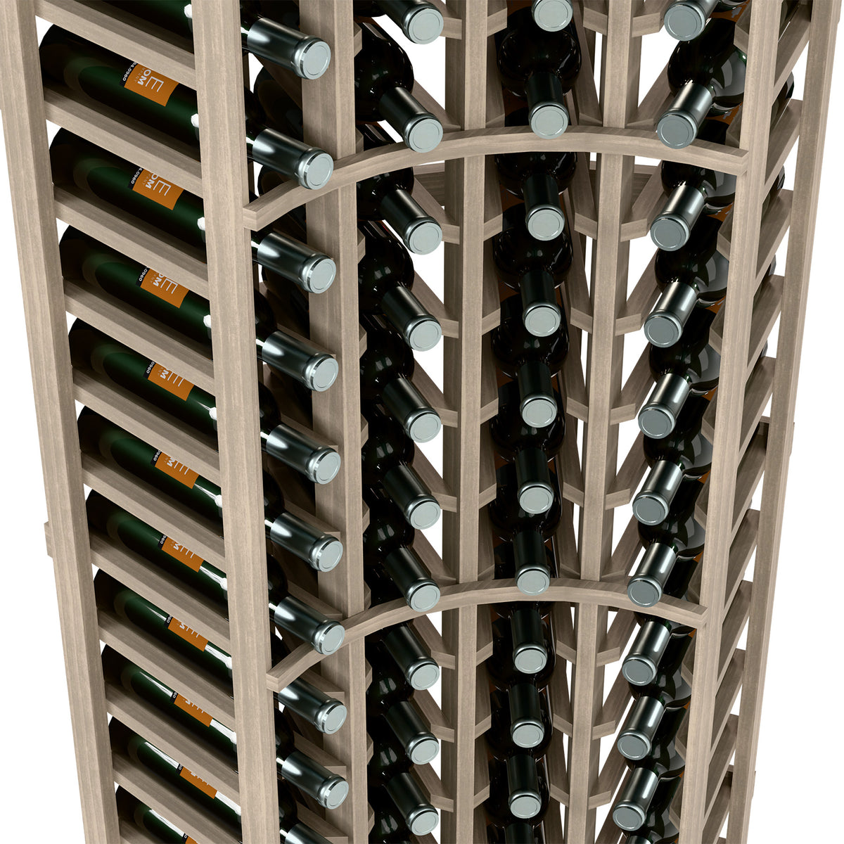 Wine bottle rack interior with capped bottles, light gray wood grid