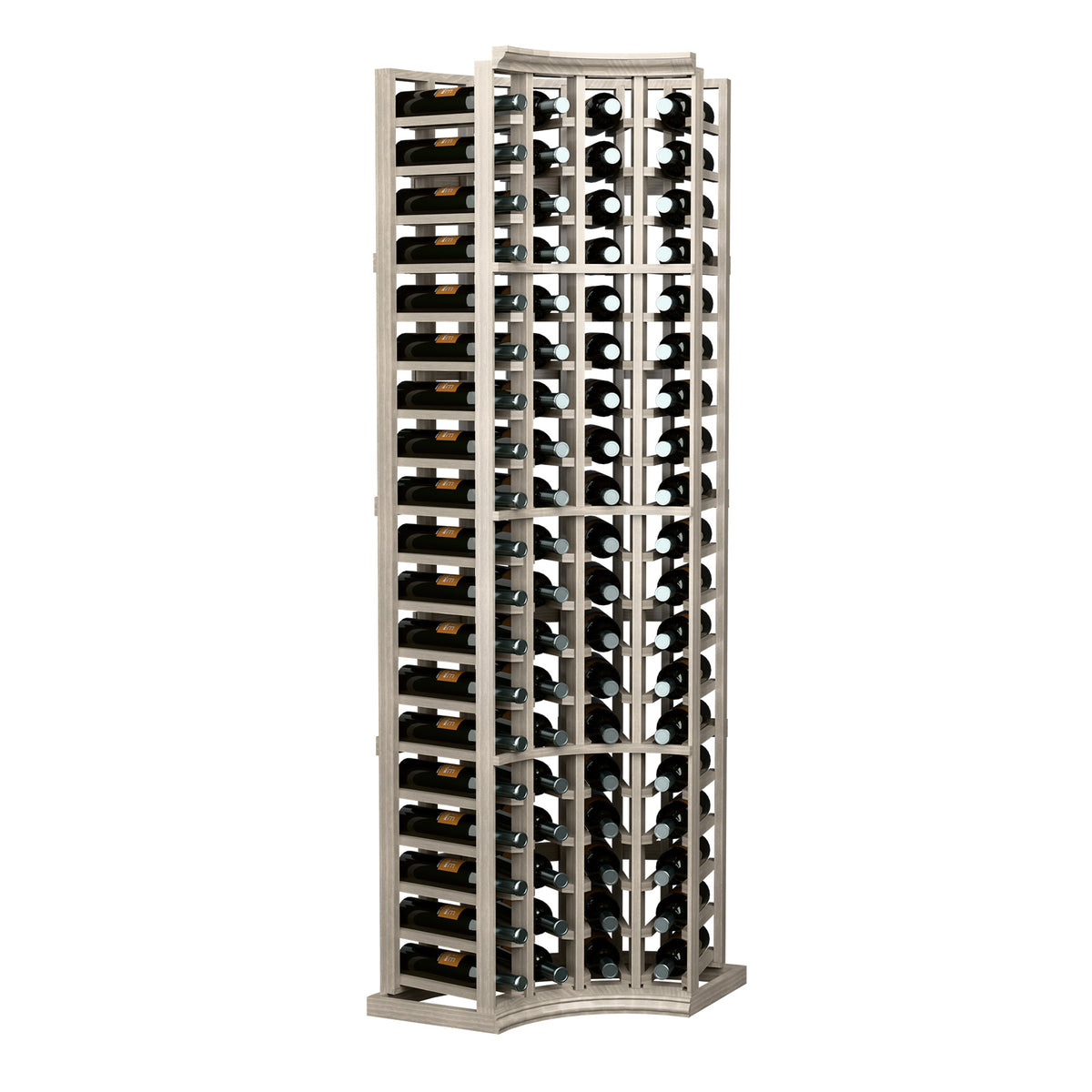 Standing 4-column curved-corner wine bottle rack, light gray wood frame