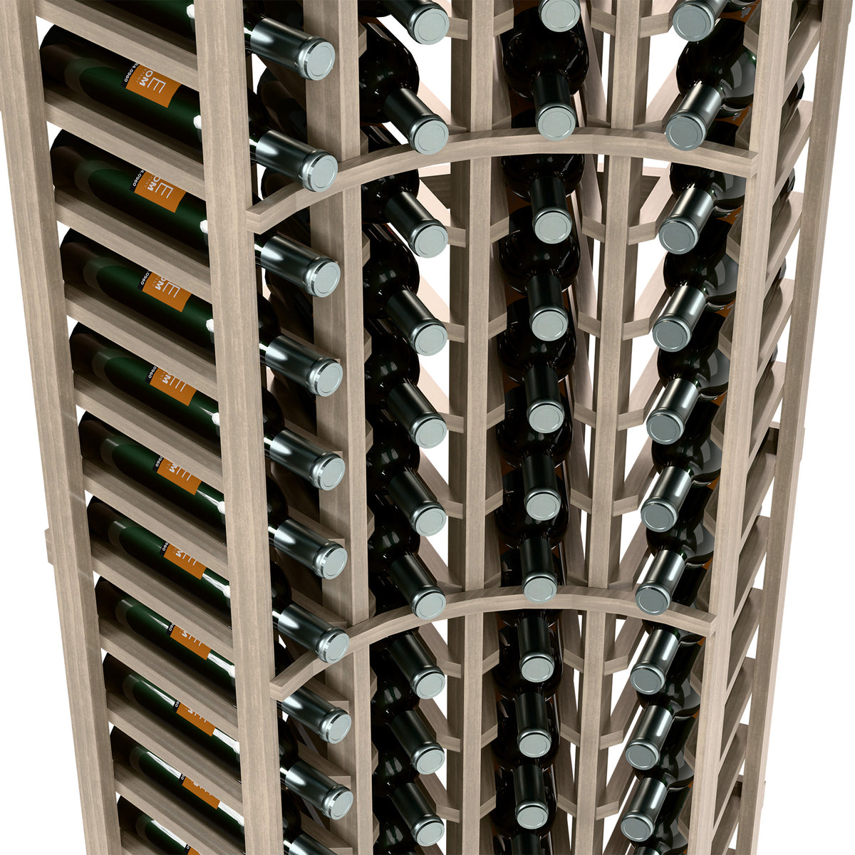 Wine bottle rack interior view with capped bottles, light gray wood dividers