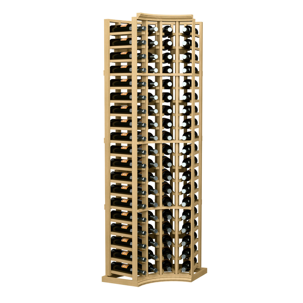 4-column curved-corner wine rack with bottle slots, light tan wood frame