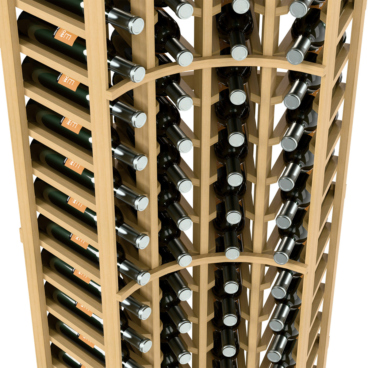 Wine bottle rack interior with capped bottles, light tan wood grid