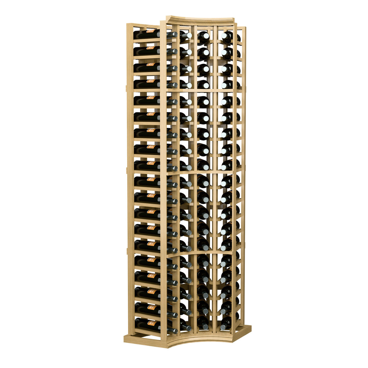 Standing 4-column curved-corner wine bottle rack, light tan wood frame