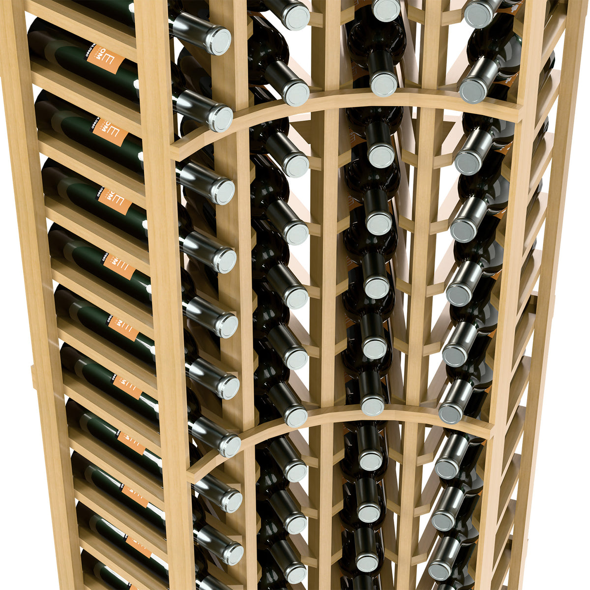 Wine bottle rack interior view with capped bottles, light tan wood dividers