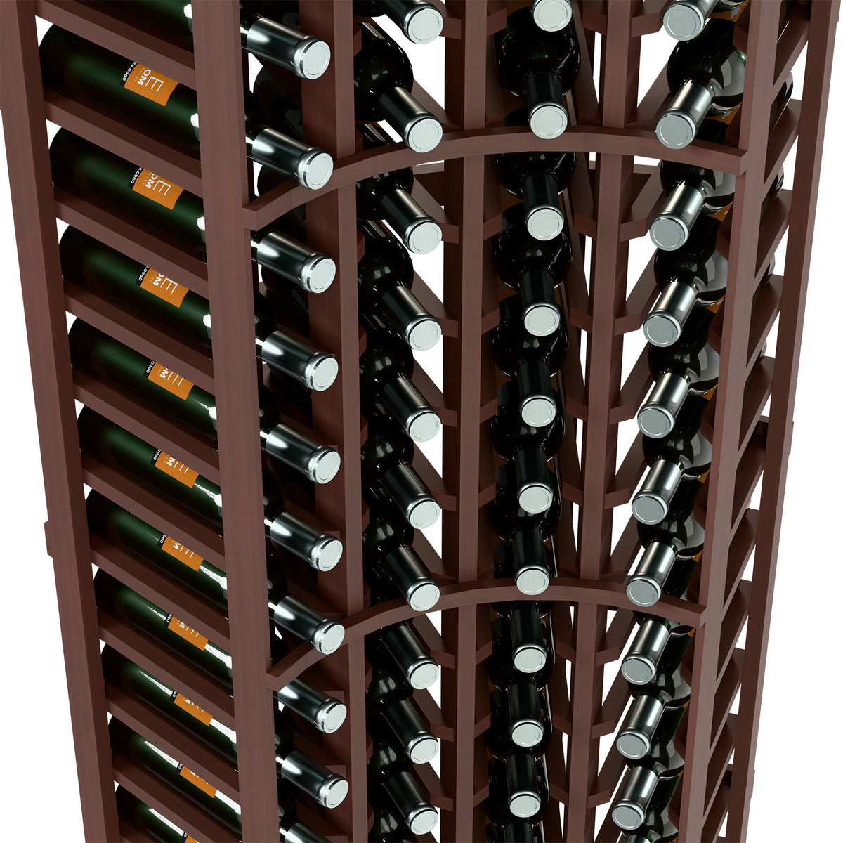Wine bottle rack interior with capped bottles, dark brown wood grid