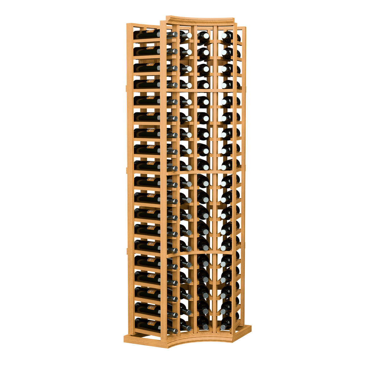 Wine bottle storage rack with curved corner, 4 columns, natural wood frame and metal holders