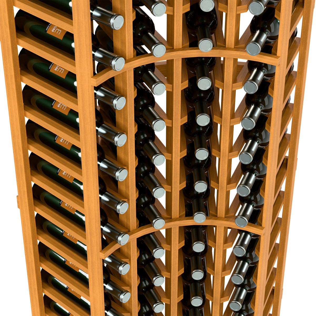 Close-up of curved corner wine rack with bottles in natural wood slots and metal holders
