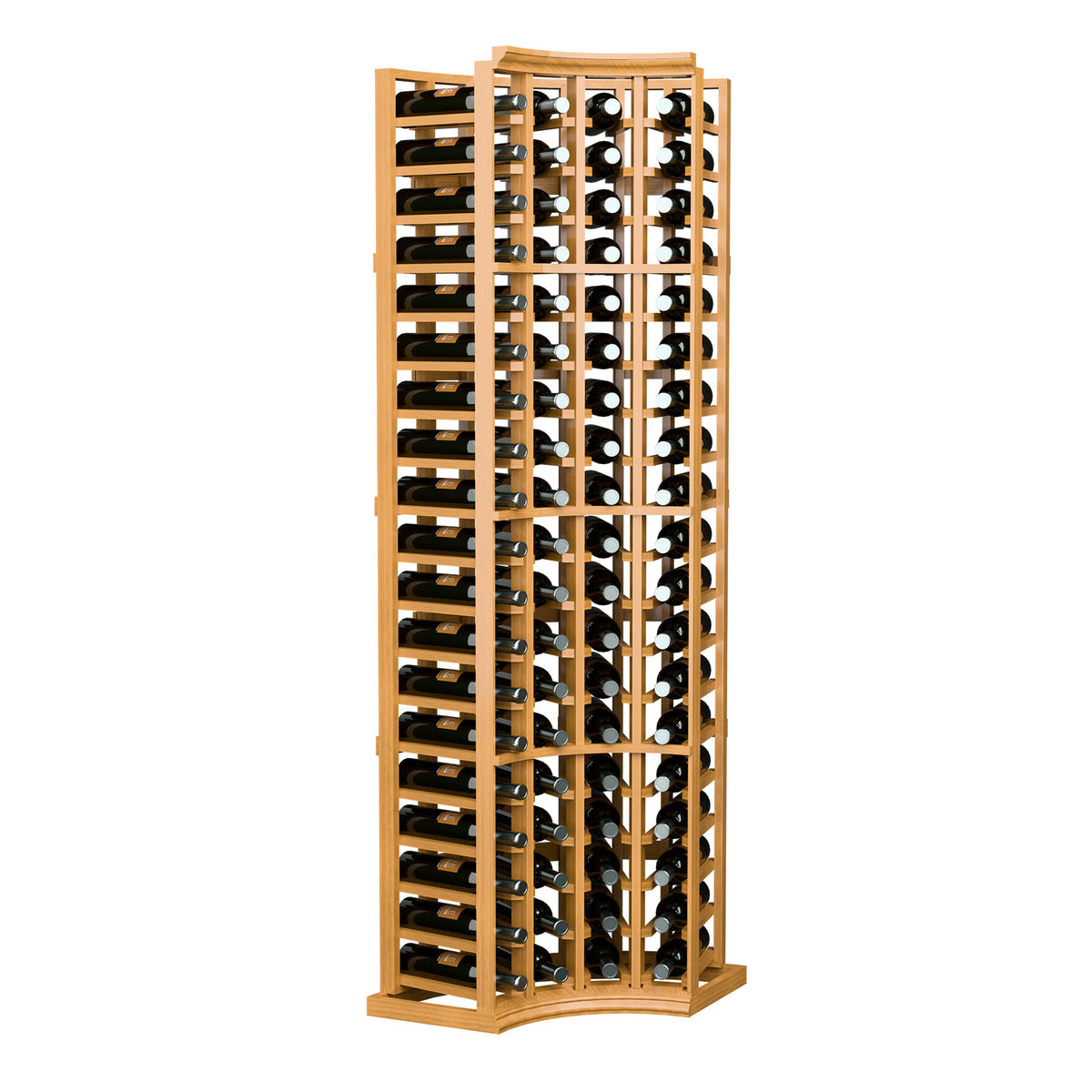 Wine bottle storage rack with curved corner, 4 columns, light wood frame and metal holders