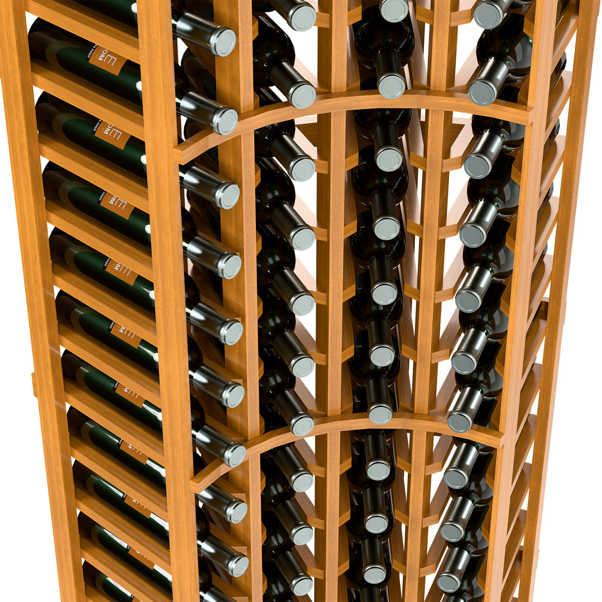 Close-up of curved corner wine rack showing bottle rows in light wood with metal holders