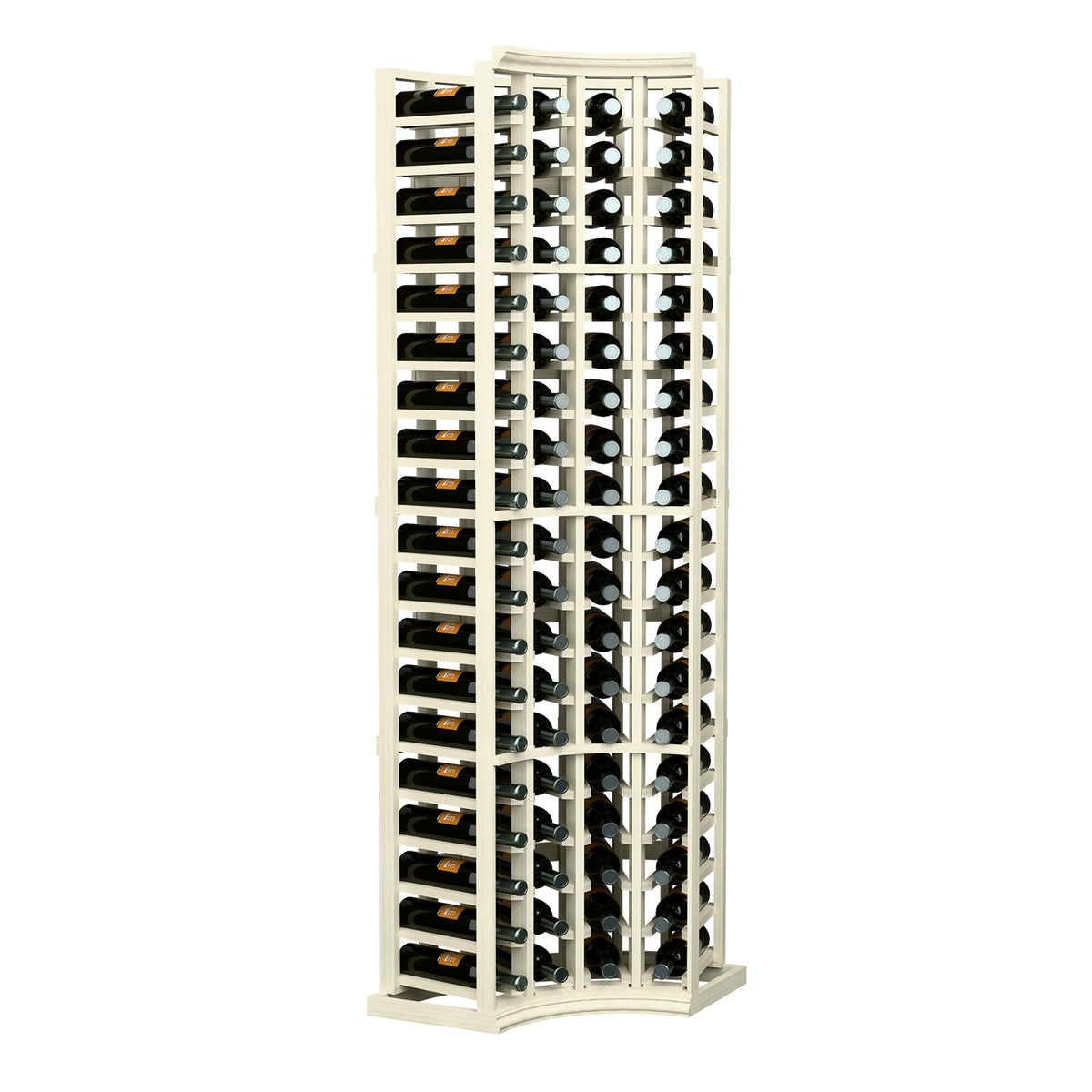 Wine bottle storage rack with curved corner, 4 columns, white wood frame and metal holders