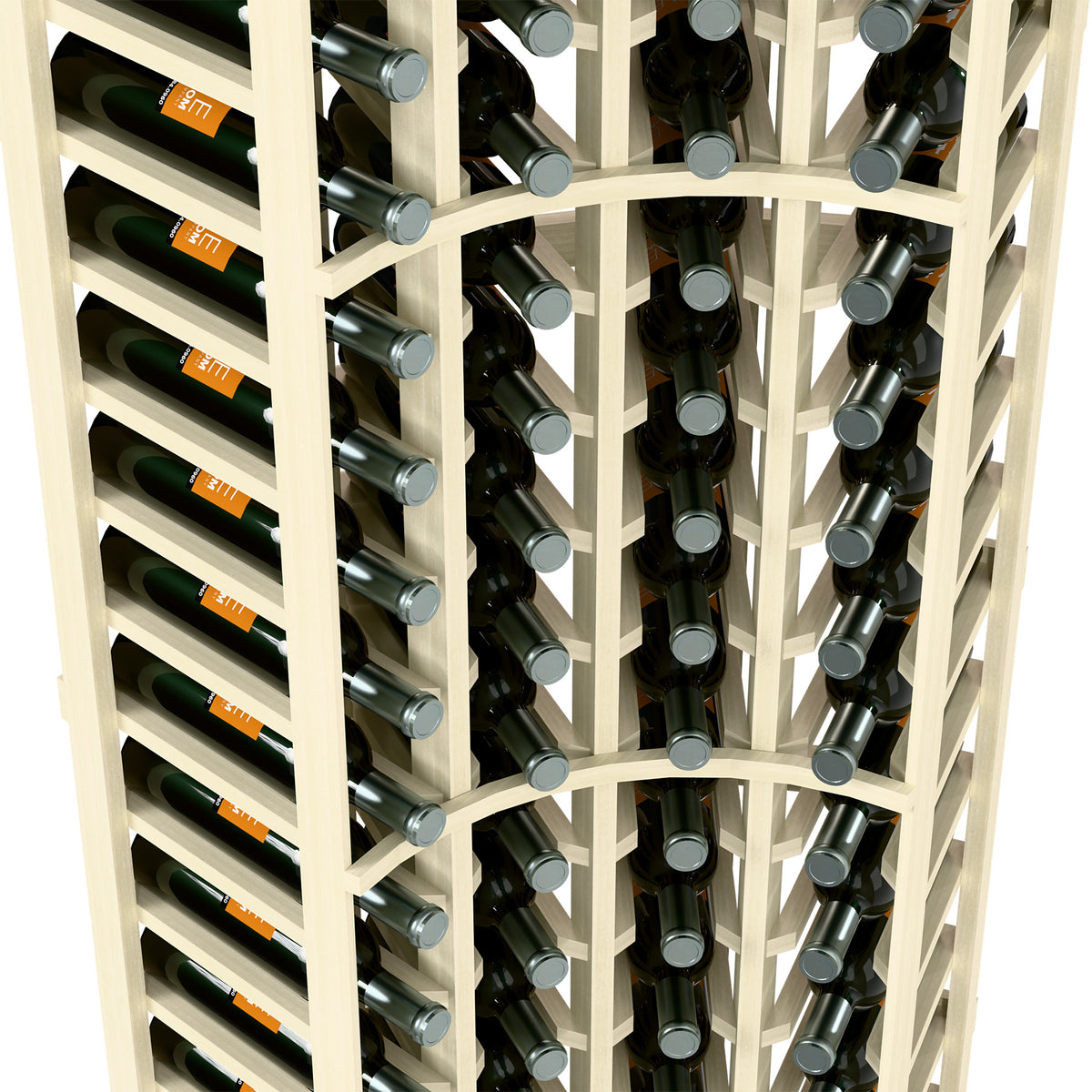 Close-up of curved corner wine rack with bottles in white wood slots and metal holders