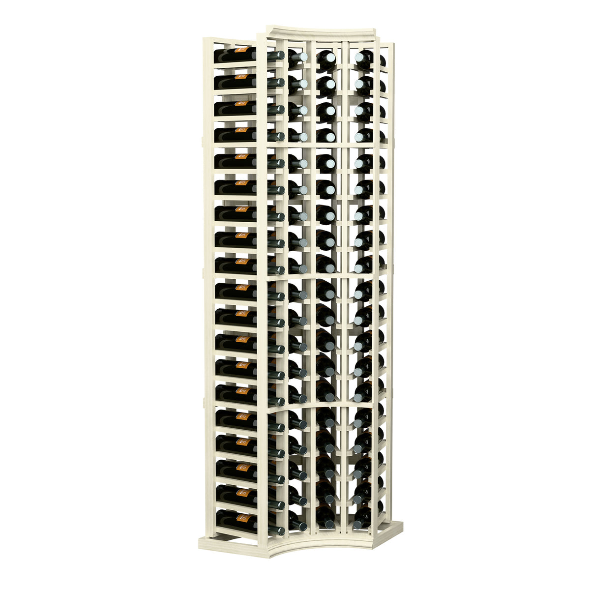Wine bottle storage rack with curved corner, 4 columns, white frame with metal bottle holders