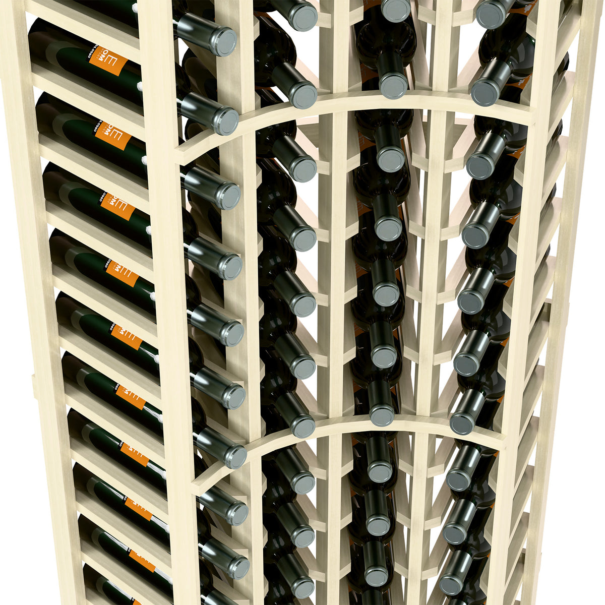 Close-up of curved corner wine rack showing bottle slots in white wood with metal holders
