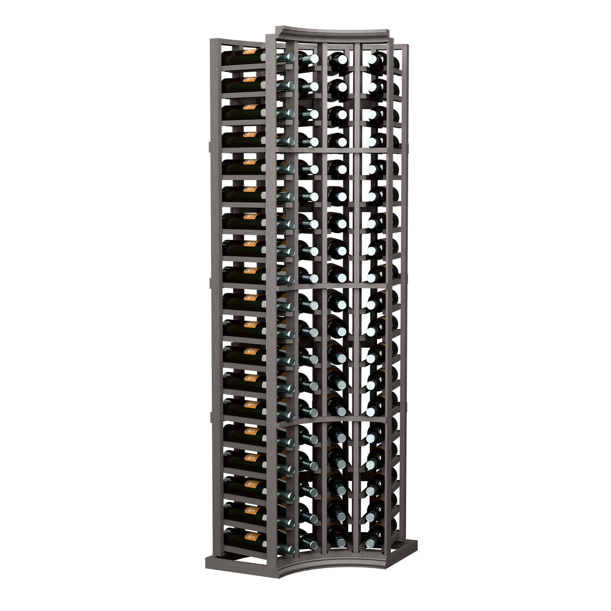 4-column curved corner wine rack, dark frame with bottle slots for upright storage