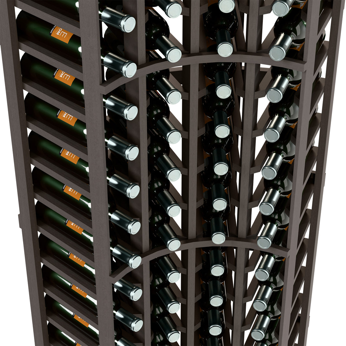 Close-up of dark wine rack with curved corner frame and bottle neck holders