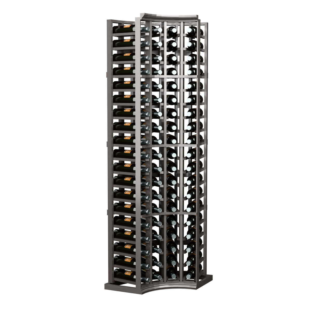 Curved corner wine bottle rack with dark finish, showing side-by-side bottle columns