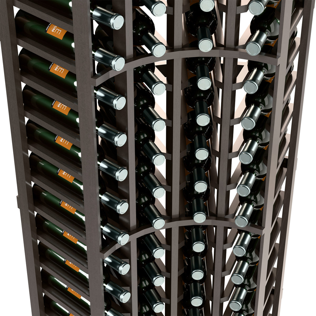 Side view close-up of dark curved corner wine rack with multiple bottle compartments