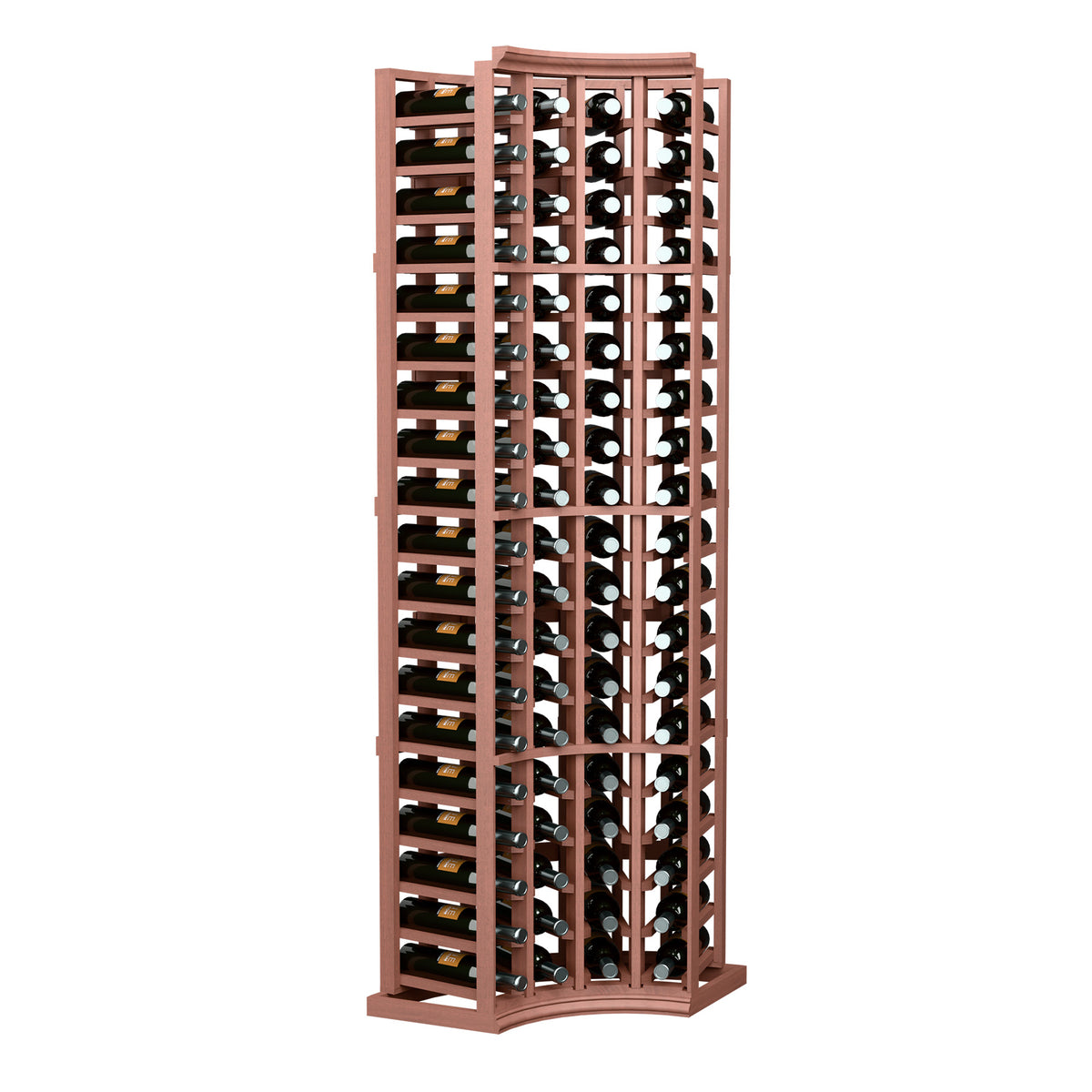 4-column curved corner wine rack, reddish-brown frame with upright bottle slots