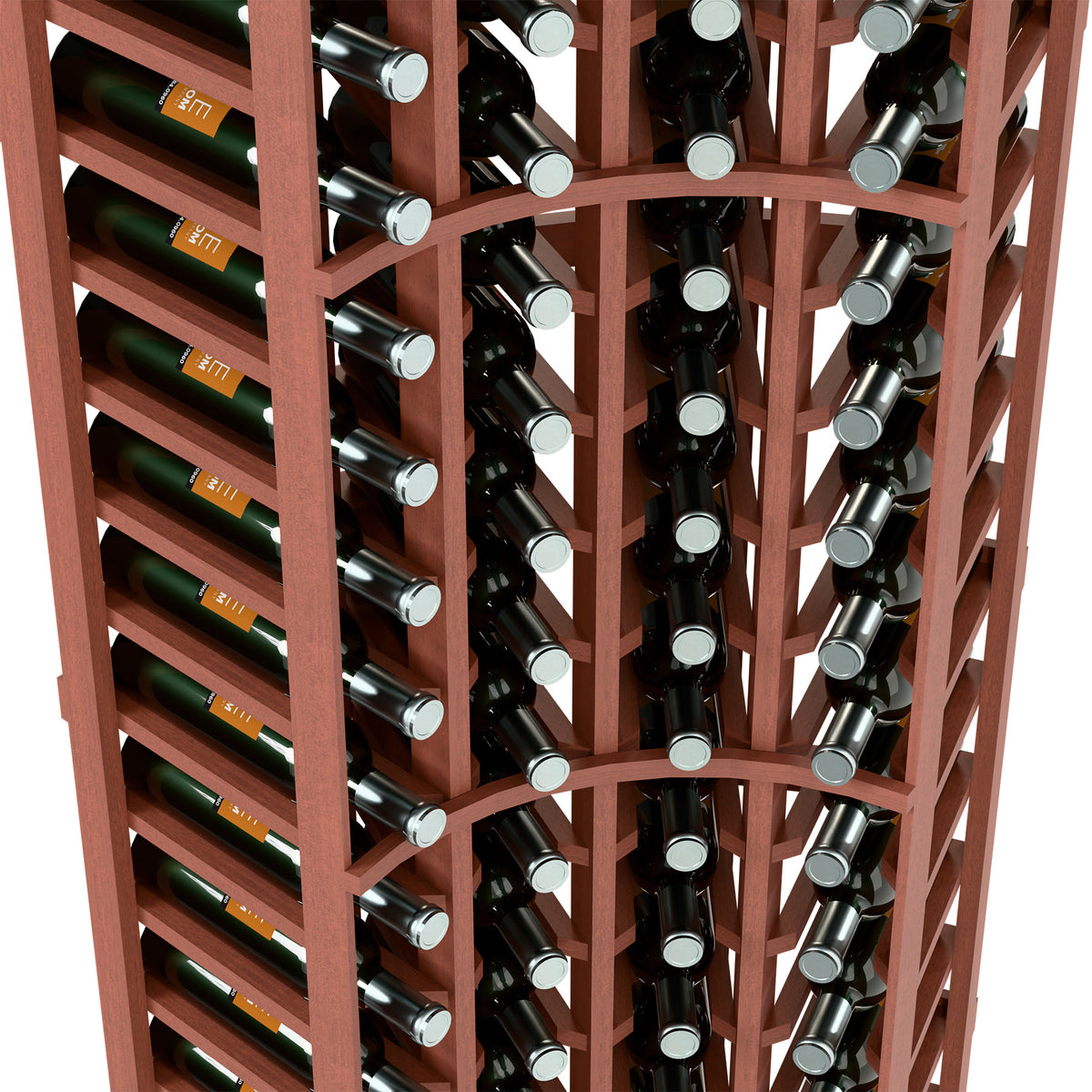 Close-up of reddish-brown wine rack showing bottle neck holders across columns