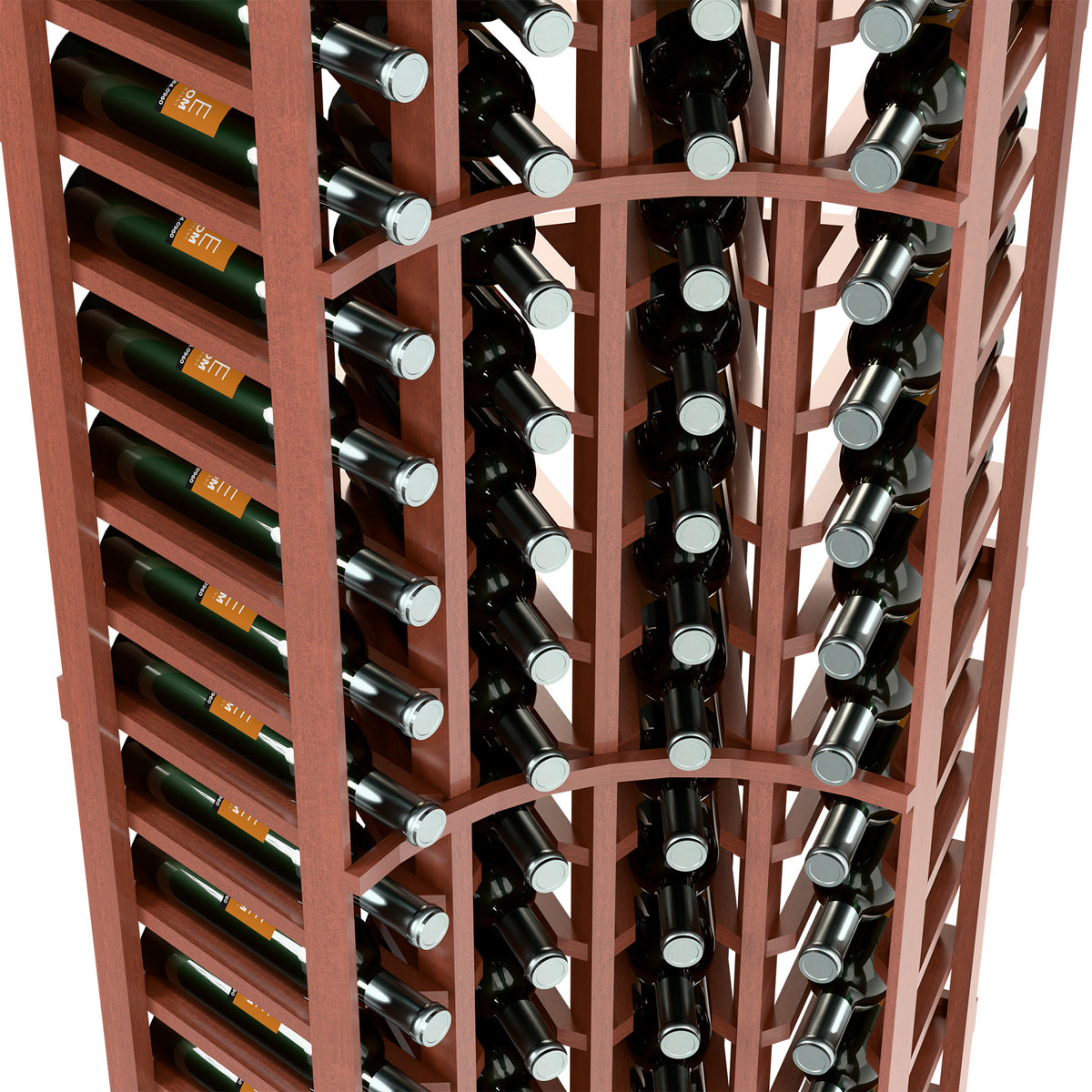 Side view close-up of warm wood curved corner wine rack with bottle compartments