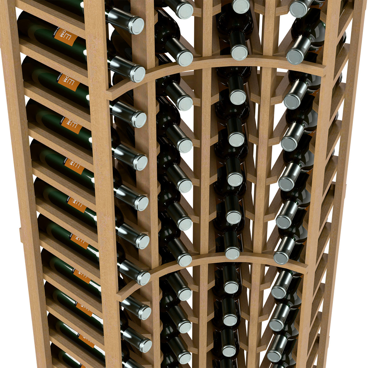 Close-up of light wood wine rack with curved frame and upright bottle neck holders