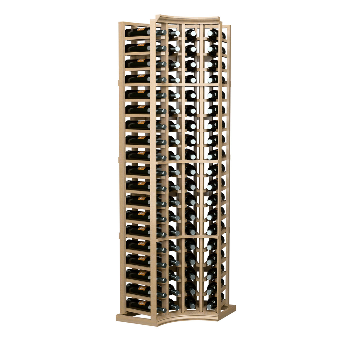 Light wood 4-column wine bottle rack with curved corner, bottles in cradle slots.