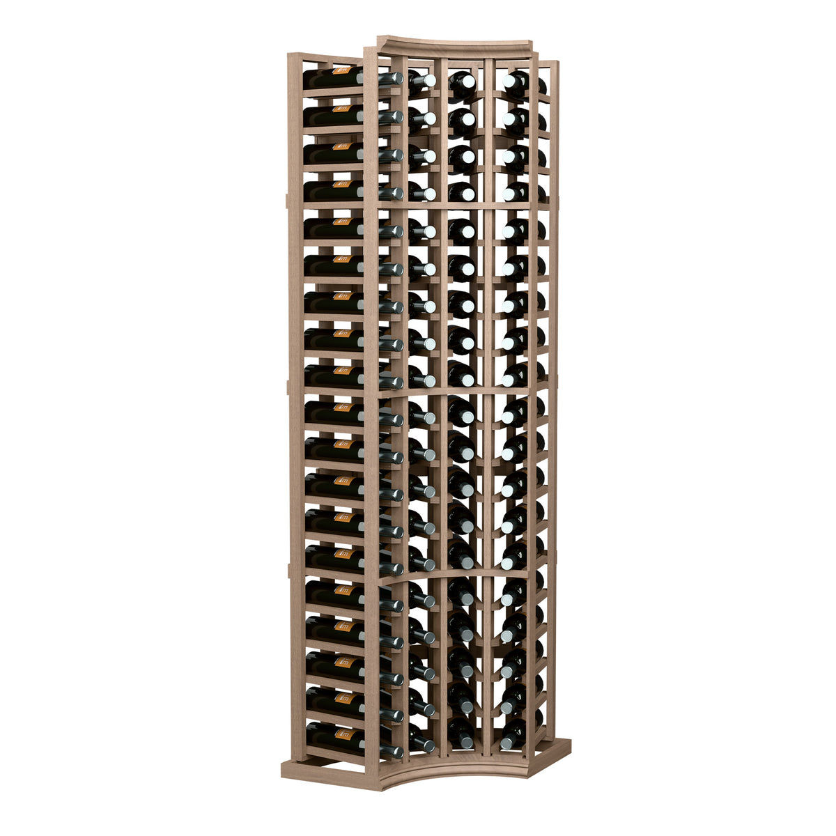 Light wood wine bottle rack with curved corner lattice and angled bottle cradles.